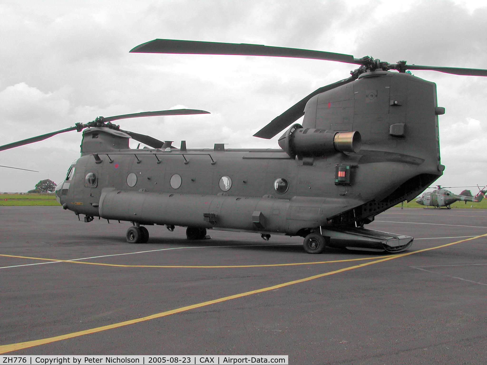 ZH776, Boeing Vertol Chinook HC.2 C/N M4452, Chinook HC.2, Callsign Twister 1, of 27 Squadron on a Qualified Helicopter Tactics Instructor course seen at Carlisle in August 2005.