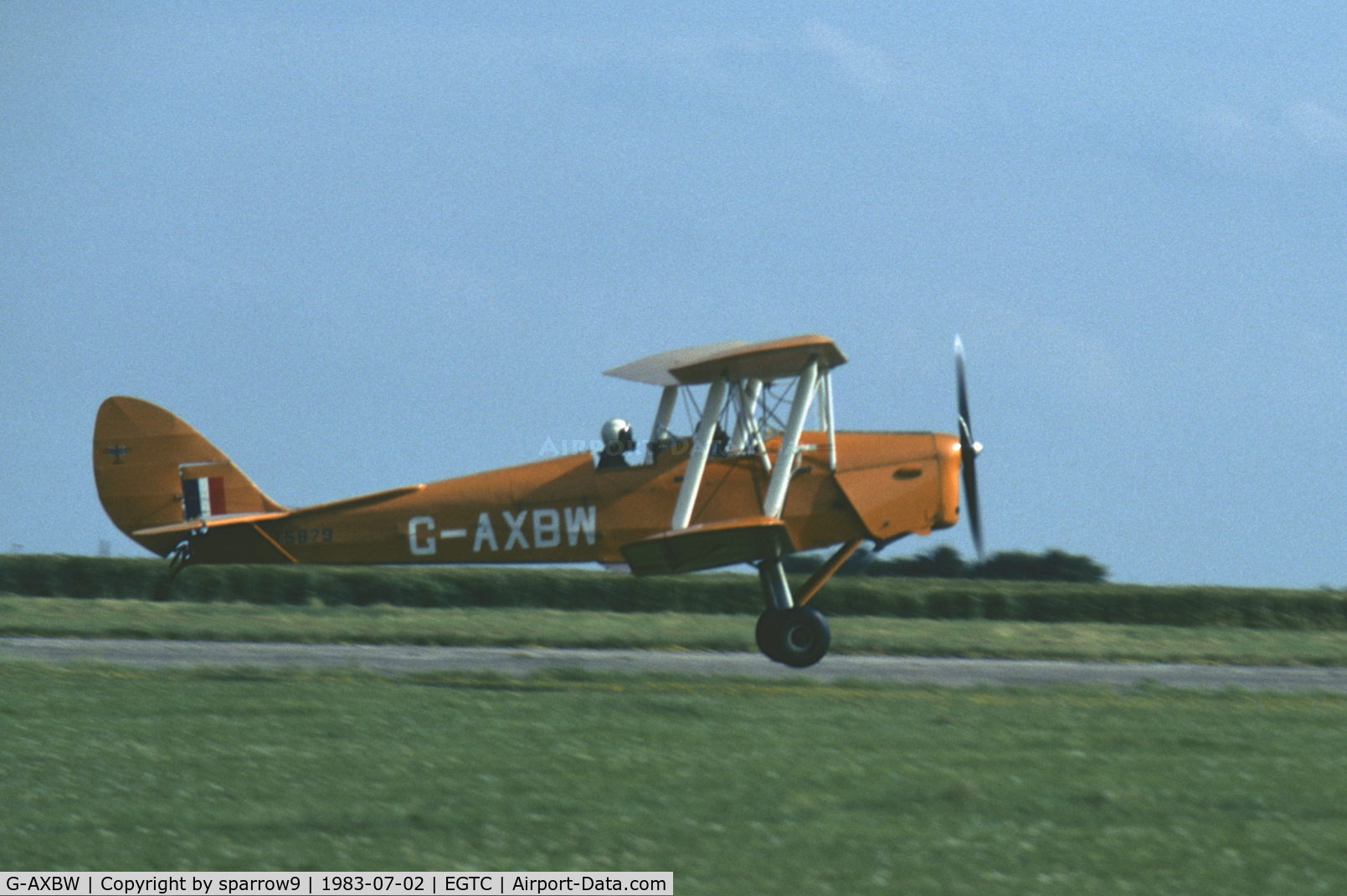 G-AXBW, 1940 De Havilland DH-82A Tiger Moth II C/N 83595, Taking-off, crashed 1 min later. PFA-Rally Cranfield. Scanned from a slide.
