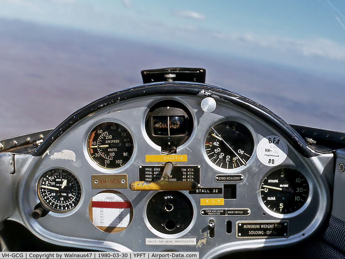 VH-GCG, 1973 Let L-13 Blanik C/N 025424, Airborne view of the front Instrument panel in Canberra Gliding Club Let L-13 Blanik Glider VH-GCG Cn 025424 over Cooma NSW (launched from Polo Flat YPFT) on 30Mar1980. Note Pre-Flight Checklist Mnemonic ‘CHAOTIC’ on the panel.