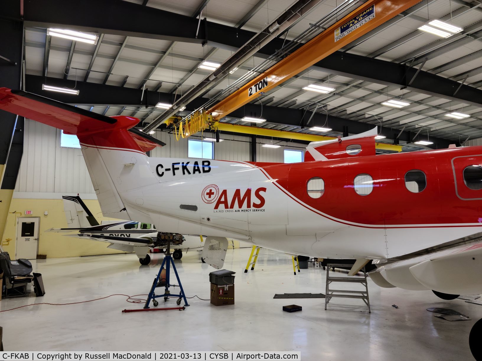 C-FKAB, 2005 Pilatus PC-12/45 C/N 634, just arrived (along with another PC-12 from ZA same source) in hangar at CYSB - undergoing maintenance and conversion to new owner