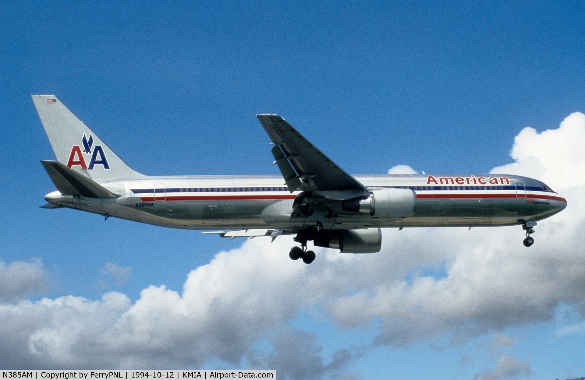 N385AM, 1994 Boeing 767-323 C/N 27059, Landing of American B763. New at the time and now operating for Amazon by ATI.
