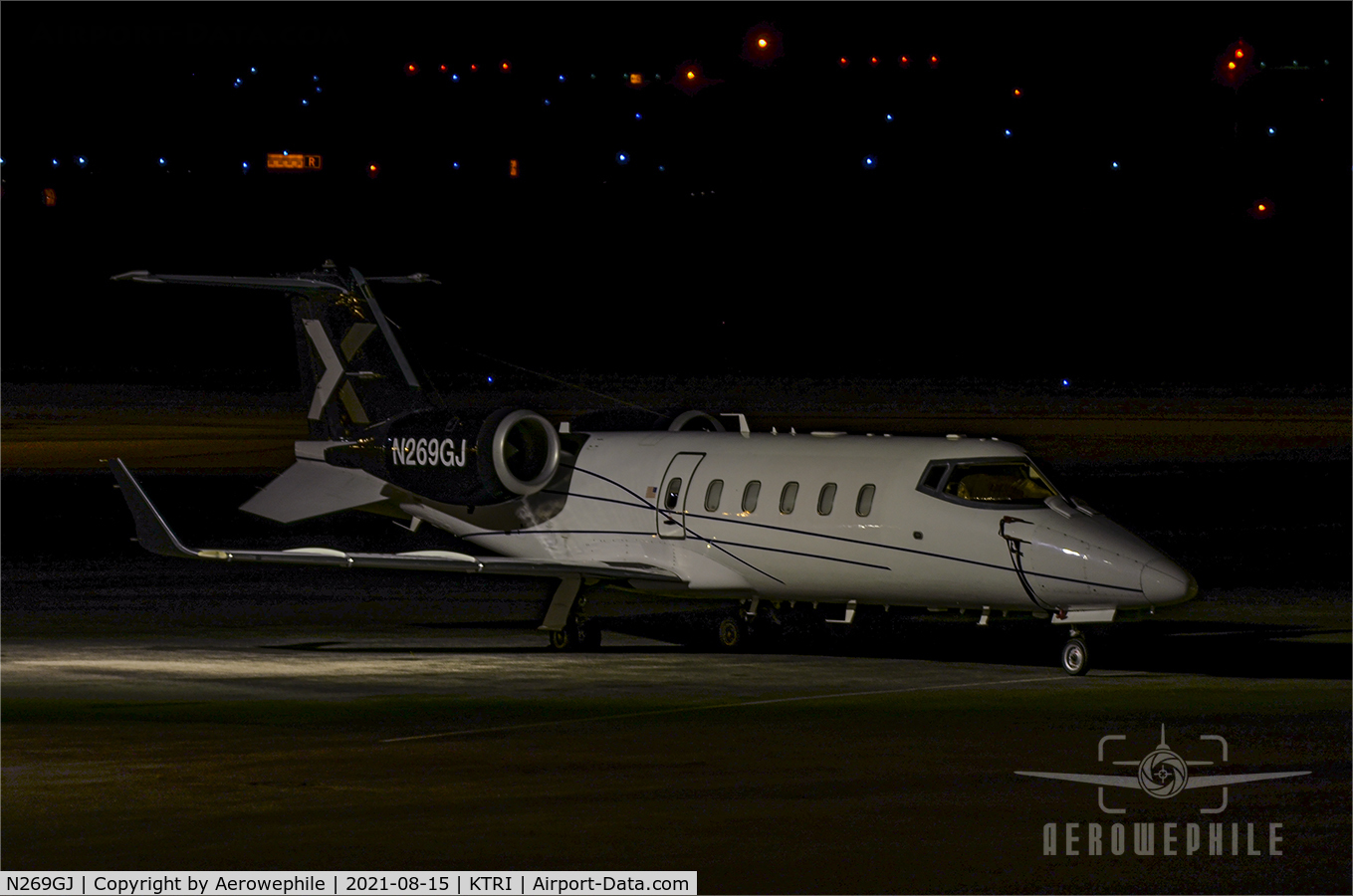 N269GJ, 1996 Learjet 60 C/N 60-096, Parked at Tri-Cities Airport late in the evening.
