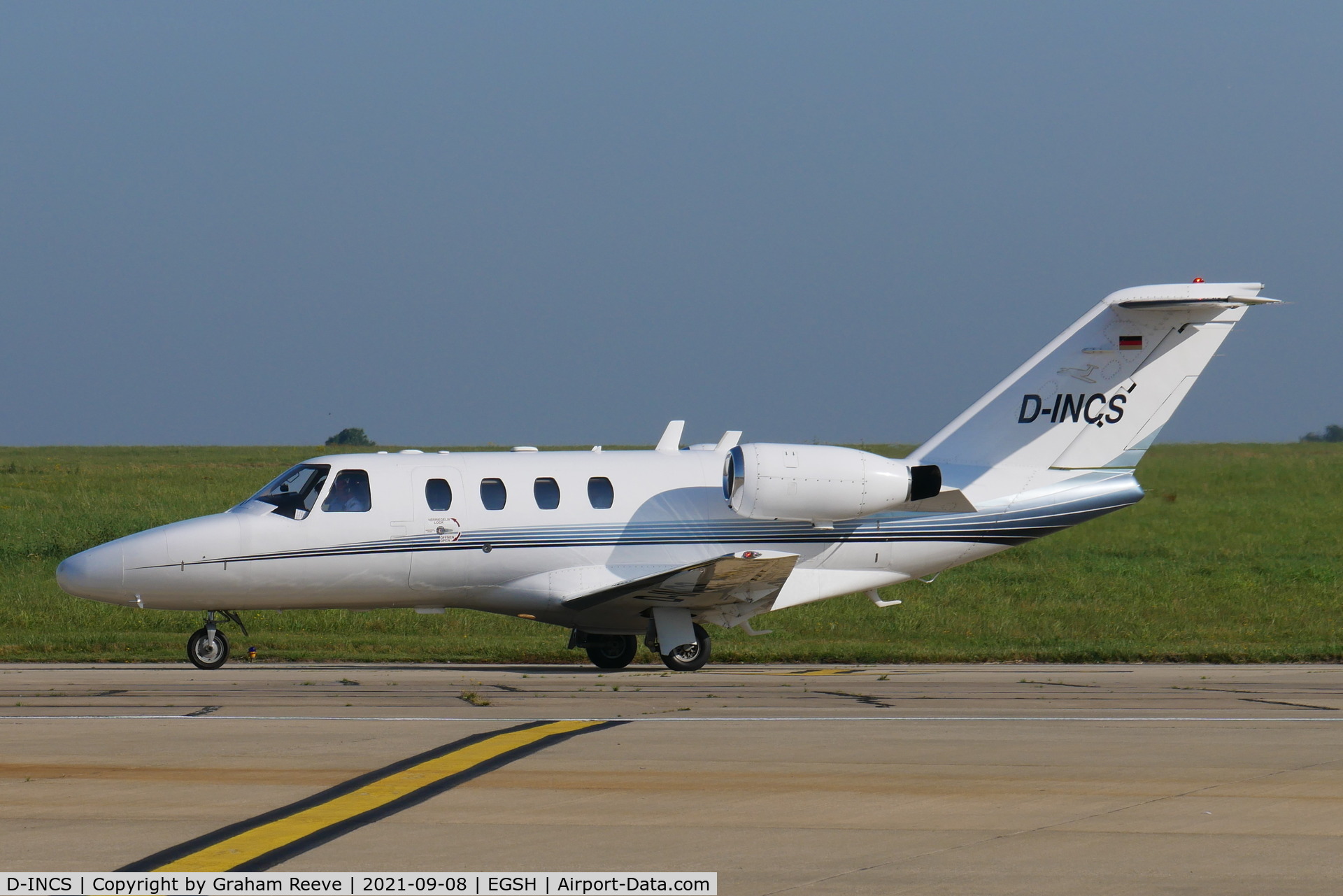 D-INCS, 2001 Cessna 525 CitationJet CJ1 C/N 525-0466, Just landed at Norwich.