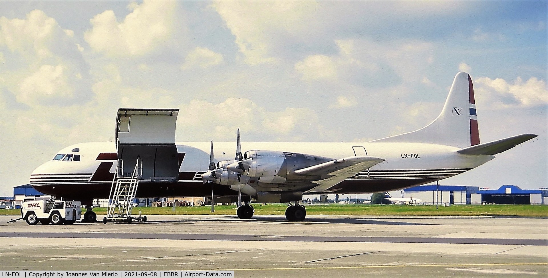 LN-FOL, 1960 Lockheed L-188A(F) Electra C/N 1116, Flying parcels out of Bussels'90s Slide scan