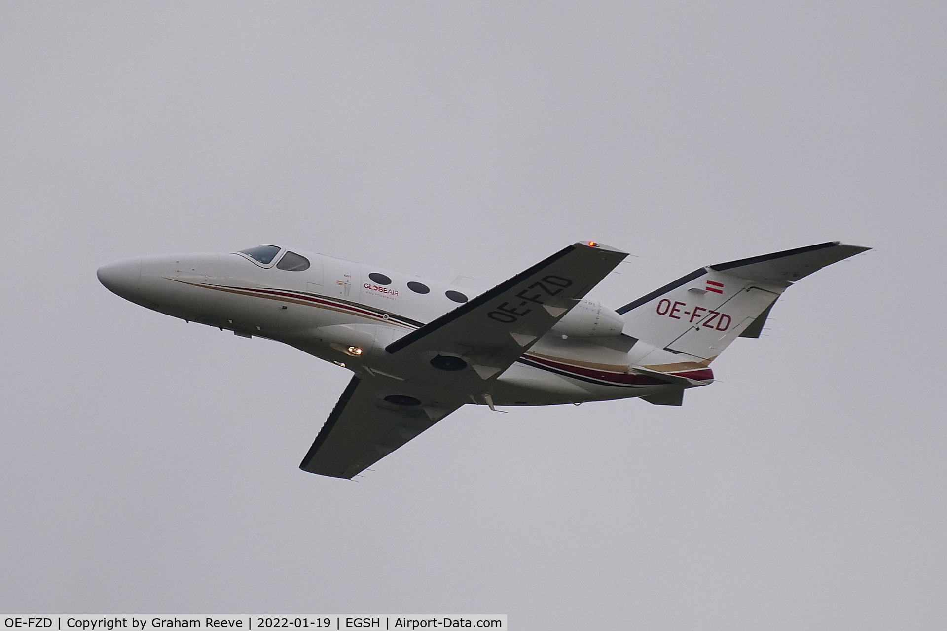 OE-FZD, 2009 Cessna 510 Citation Mustang Citation Mustang C/N 510-0216, Departing from Norwich.