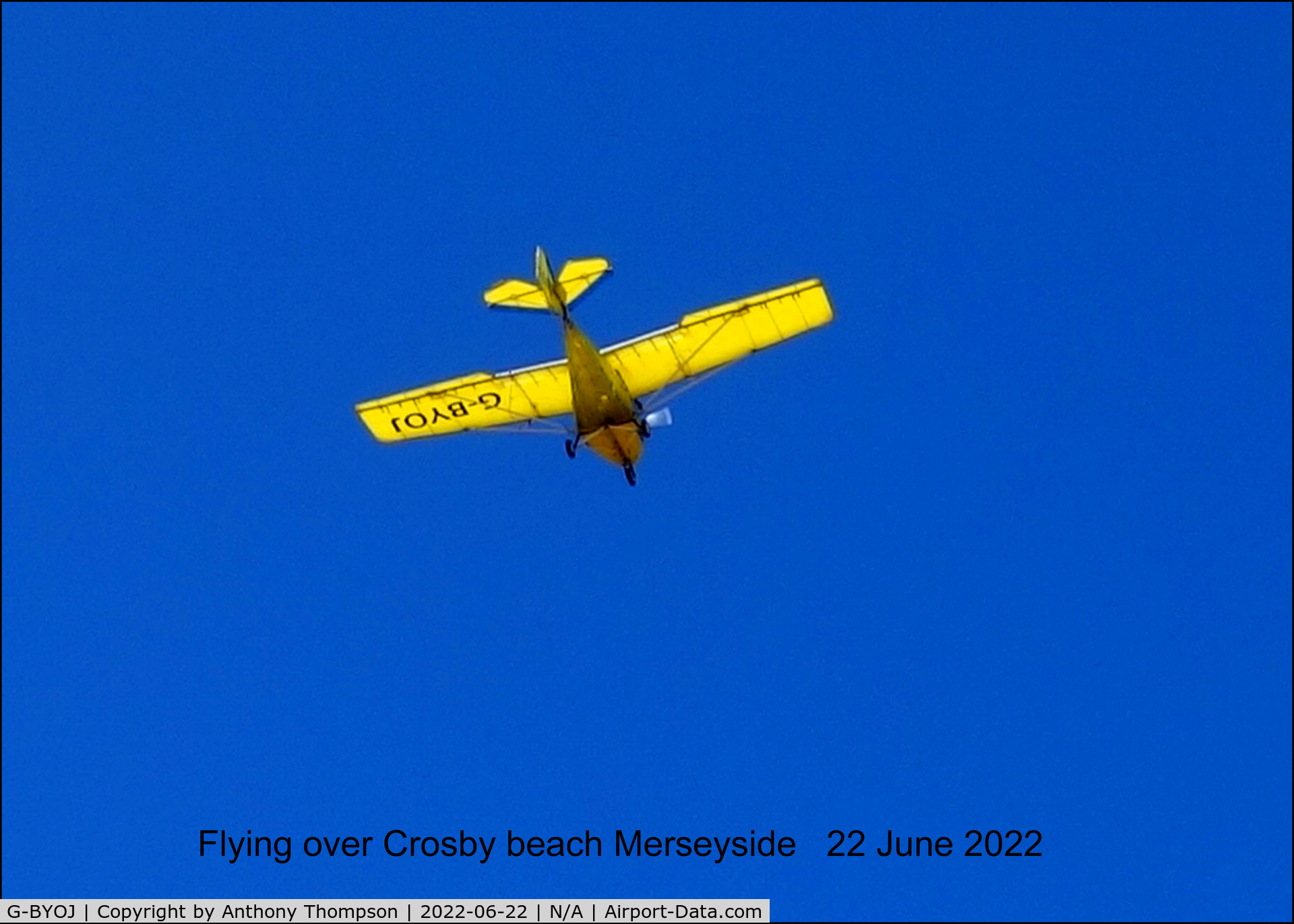 G-BYOJ, 2000 Raj Hamsa X-Air 582(1) C/N BMAA/HB/108, This photo was taken on 22 June 2022 of the aircraft flying over Crosby beach Merseyside. It was good to see it on a perfect day for flying.
There are no constraints on the use of my photo taken with a Sony RX100 camera