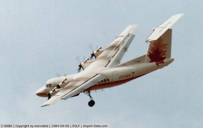 C-GNBX, 1975 De Havilland Canada DHC-7-100 Dash 7 C/N 0001, At the 1984 Farnborough International Air Show.