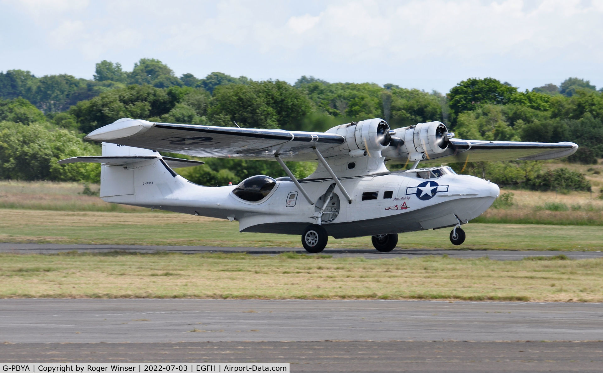 G-PBYA, 1944 Consolidated (Canadian Vickers) PBV-1A Canso A C/N CV-283, Visiting PBY-1A Canso departing Runway 28 to display on day 2 of the Wales Airshow 2022.