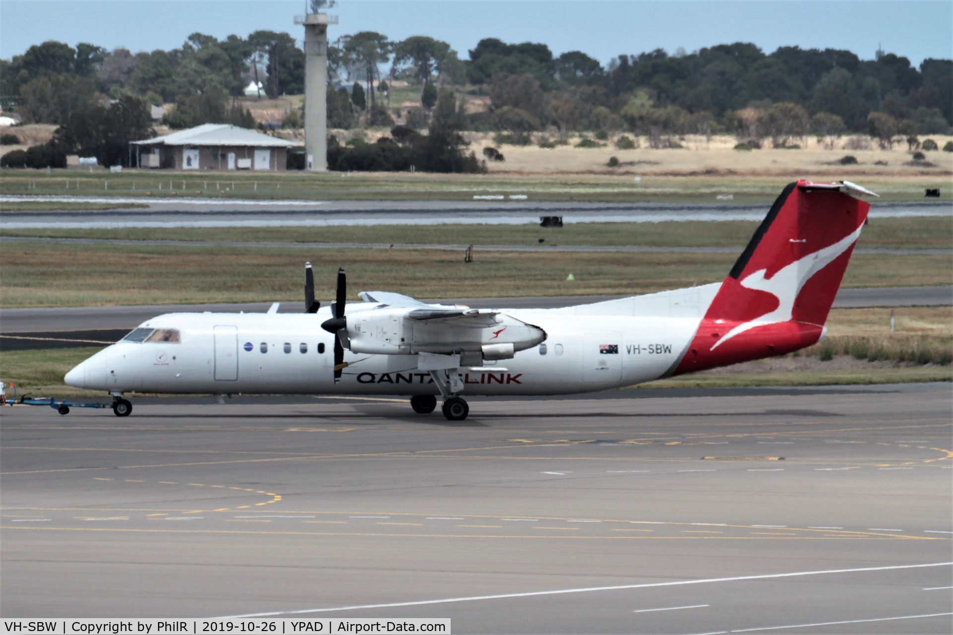 VH-SBW, 2004 De Havilland Canada DHC-8-315Q Dash 8 C/N 599, Being towed to the departure ramp Adelaide