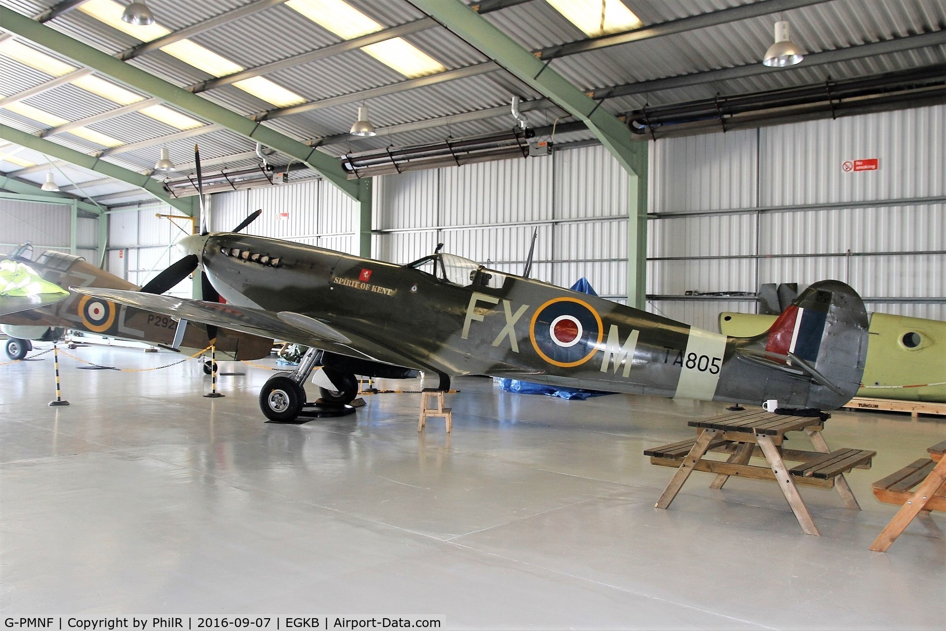 G-PMNF, 1944 Supermarine 361 Spitfire HF.IX C/N CBAF.10372, TA805 Spitfire lX in the Heritage Hangar at Biggin Hill.