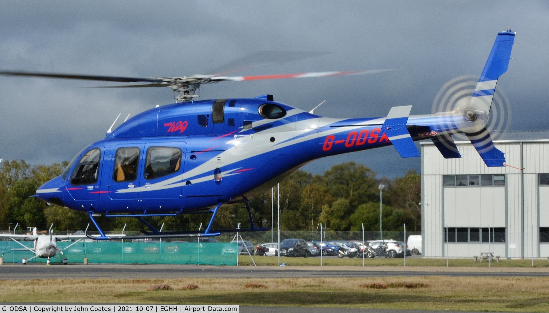 G-ODSA, 2013 Bell 429 GlobalRanger C/N 57139, Lifting off from Bliss Avn.
