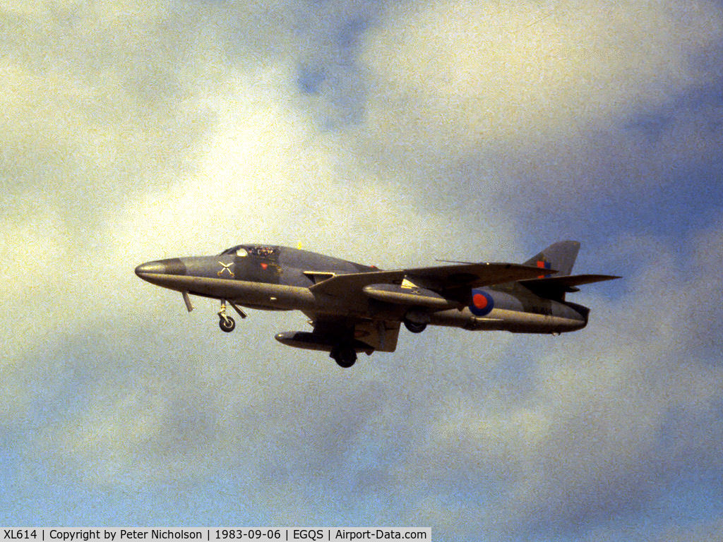 XL614, 1957 Hawker Hunter T.7 C/N 41H/695333, Hunter T.7 of 237 Operational Conversion Unit on approach to RAF Lossiemouth in the Summer of 1983