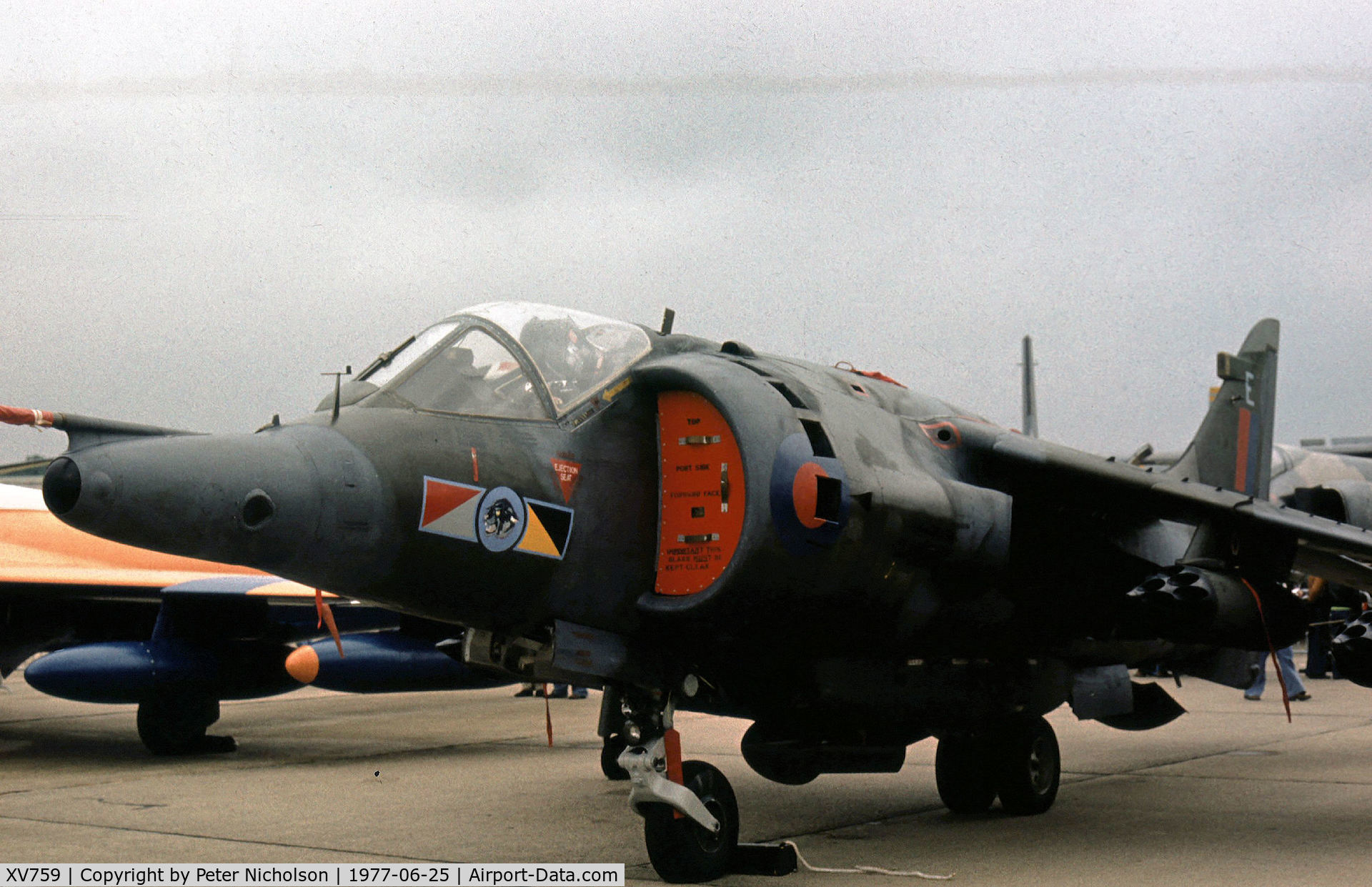 XV759, 1969 Hawker Siddeley Harrier GR.3 C/N 712022, Harrier GR.3 of 230 Operational Conversion Unit at RAF Wittering on display at the 1977 International Air Tattoo at RAF Greenham Common, Berkshire.