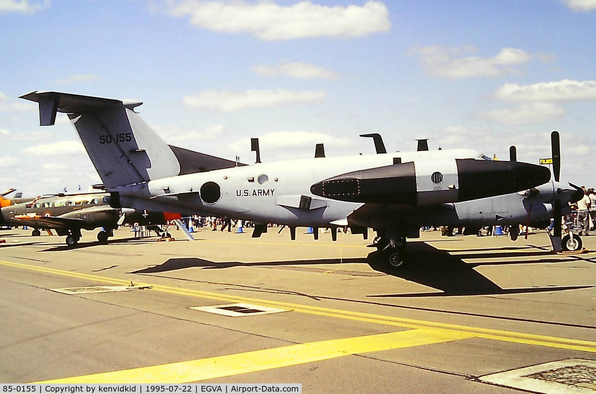 85-0155, 1985 Beech RC-12K Huron C/N FE-009, At the 1995 Fairford International Air Tattoo, scanned from slide.