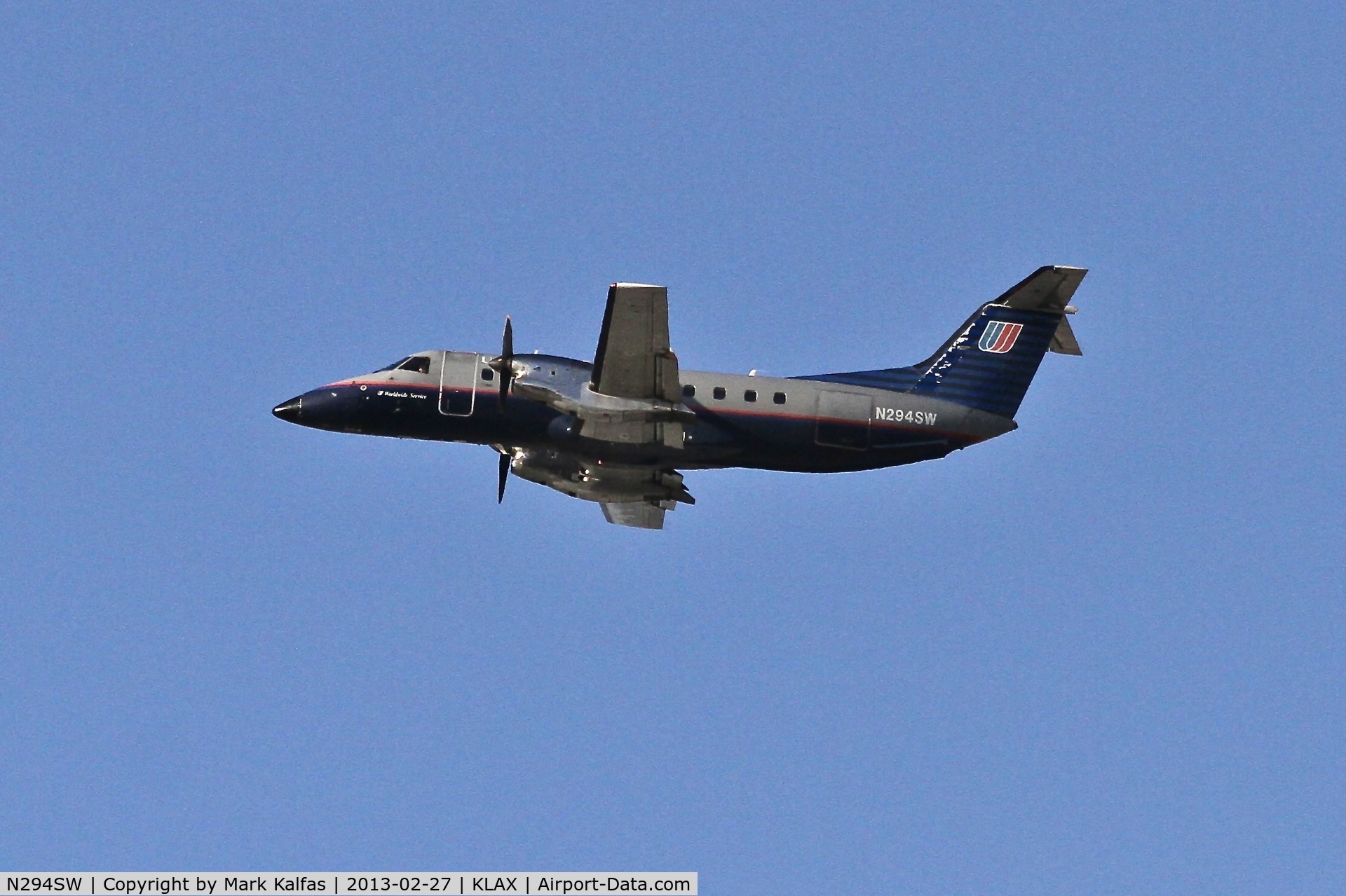 N294SW, 1996 Embraer EMB-120ER Brasilia C/N 120321, SkyWest/United Express Embraer EMB-120ER, SKW6333 departing 25R KLAX enroute to KSAN.