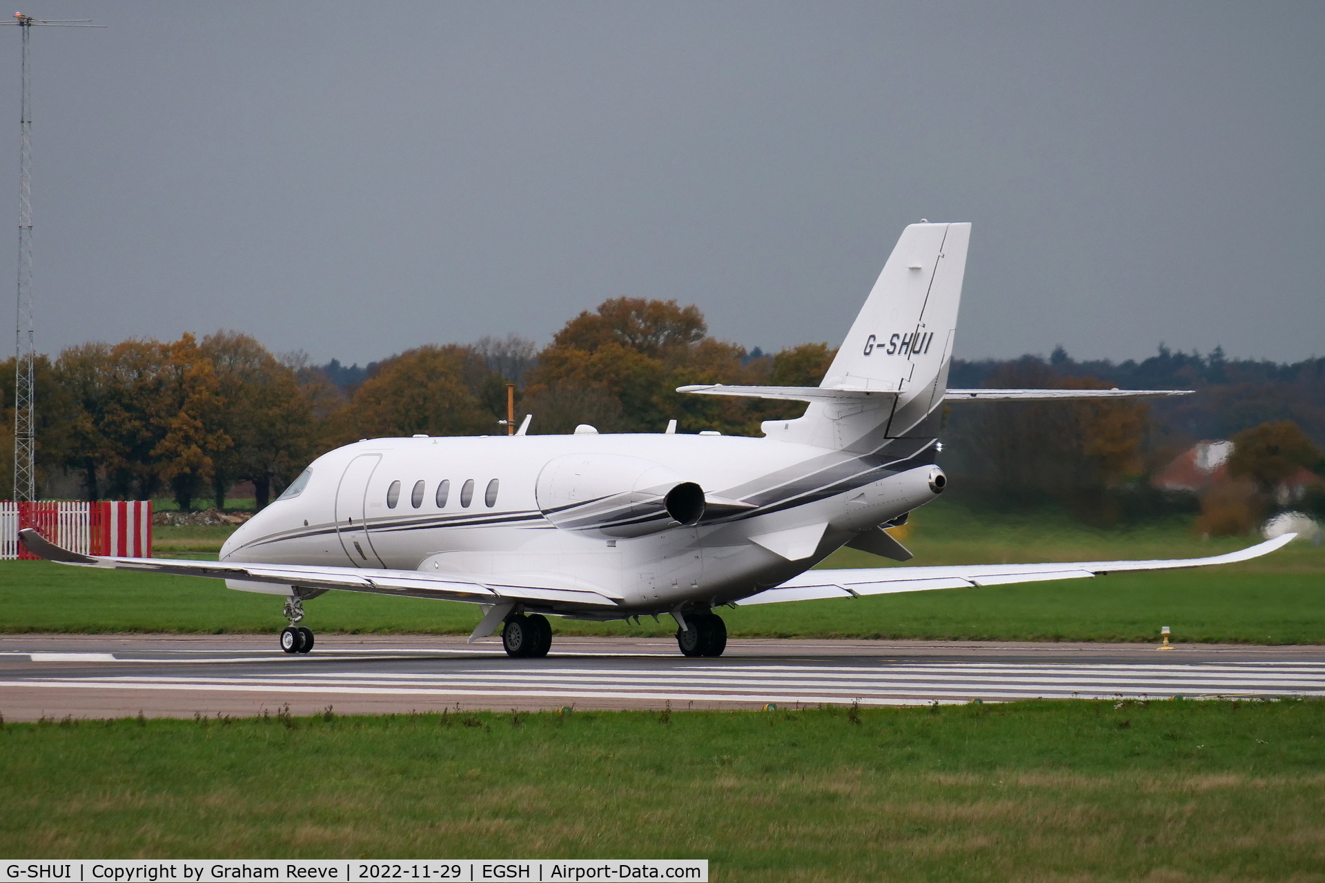 G-SHUI, 2017 Cessna 680A Citation Latitude C/N 680A-0102, Departing from Norwich in fog.