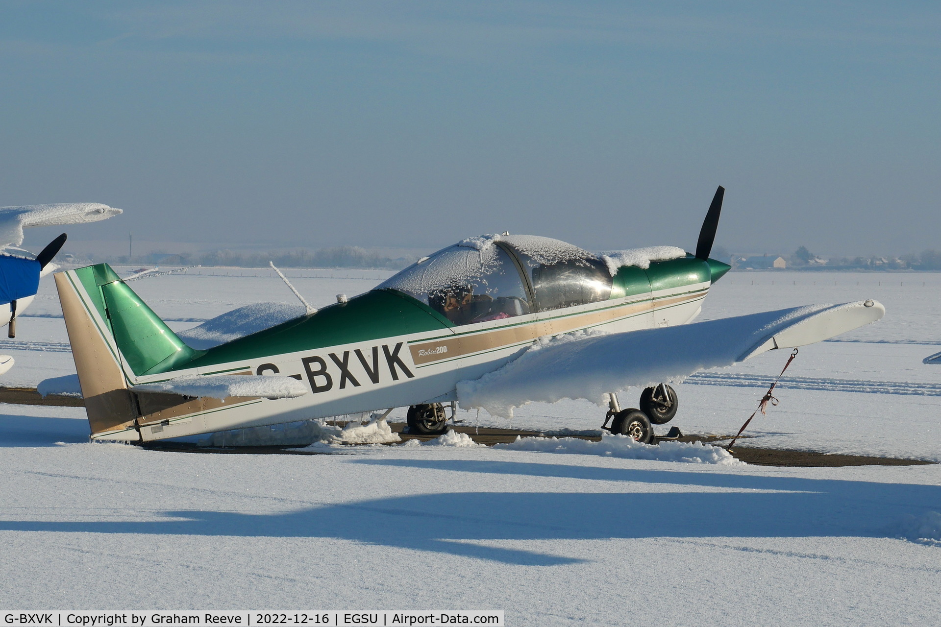G-BXVK, 1998 Robin HR-200-120B C/N 326, Parked at Duxford in the snow.