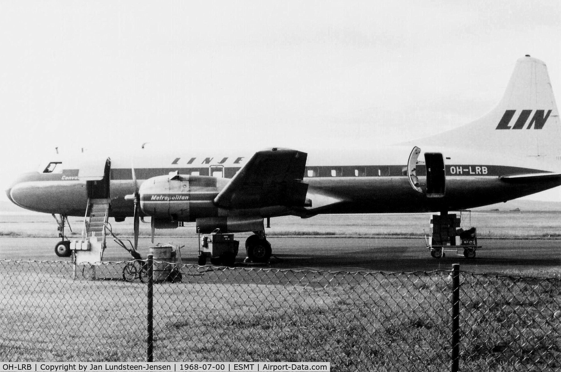 OH-LRB, 1953 Convair CV-440-40 (CV-340-40) C/N 73, Metropolitan OH-LRB from Linjeflyg seen at Halmstad Airport in Sweden in July 1968. Linjeflyg had leased OH-LRB from Finnair 1968-1969.
