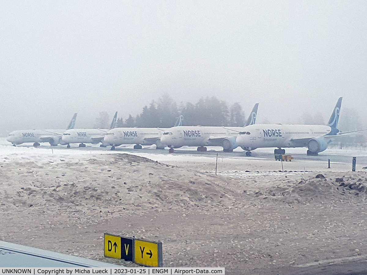 UNKNOWN, , Norse B787-9s parked at a foggy Gardermoen