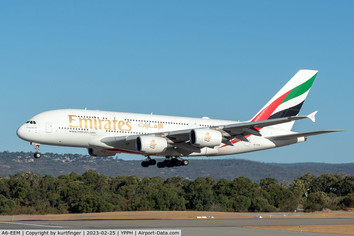 A6-EEM, 2013 Airbus A380-861 C/N 134, A380-861 cn 134. Emirates A6-EEM R03 YPPH 25 February 2023
