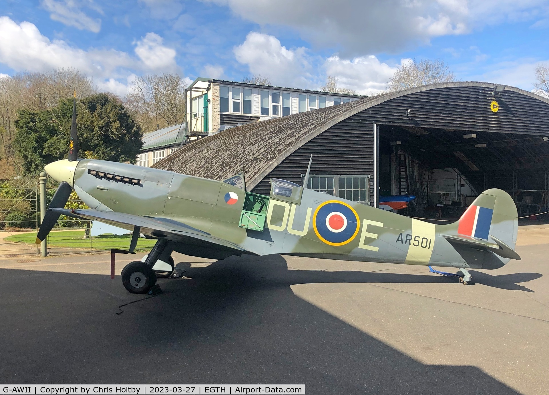 G-AWII, 1942 Supermarine 349 Spitfire LF.Vc C/N WASP/20/223, Wheeled out in front of the engineering hangar to welcome visitors back to the Old Warden cafe & shop (free of charge at last!).