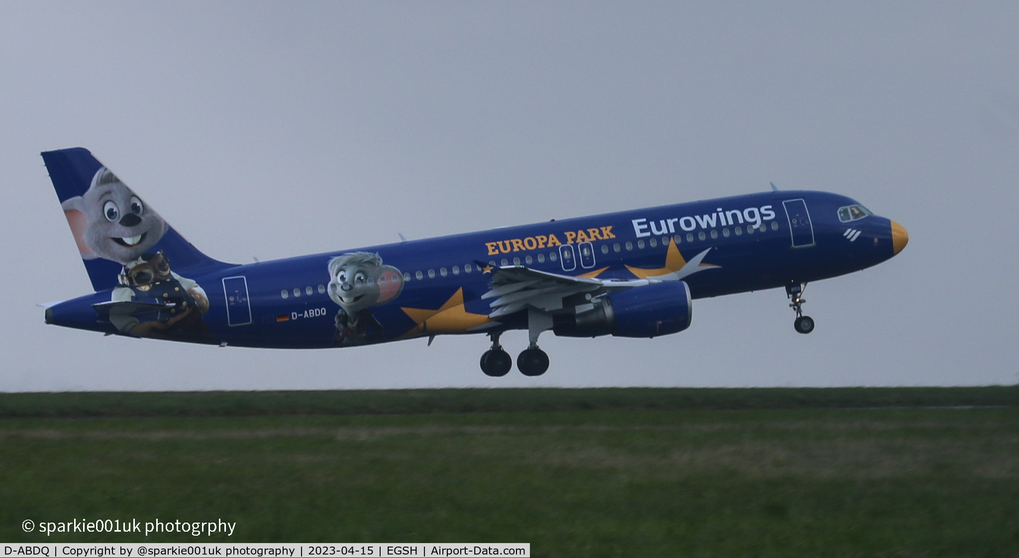 D-ABDQ, 2007 Airbus A320-214 C/N 3121, Departing Norwich following a refresh on the Europa Park livery