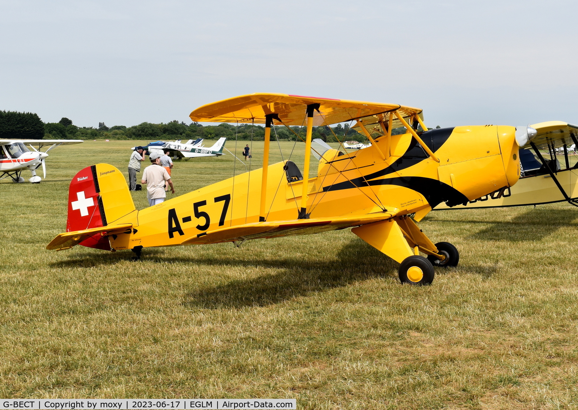 G-BECT, 1957 CASA 1-131E Srs 2000 Jungmann C/N 3974, CASA 1-131E Srs 2000 at White Waltham. Ex E3B-338. Marked as Swiss Air Force serial A-57.
