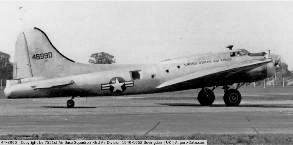 44-8990, Boeing B-17G Flying Fortress C/N 8399, VB-17G 44-8990 stationed in the 1950s at Bovingdon England flown/ usage for the Embassy.Photo taken at Bovingdon. 
My Father, crew flight engineer, talk often of the remaining B-17s still Stationed at Bovingdon in  the early-mid 1950s.There were 3 A/C.