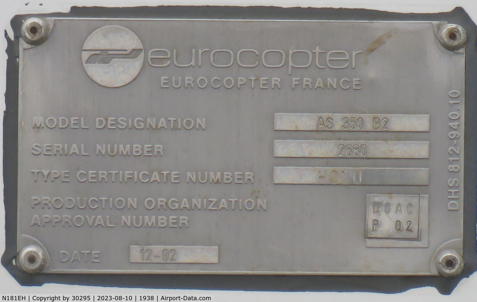 N181EH, 1992 Eurocopter AS-350B-2 Ecureuil Ecureuil C/N 2680, Identification plate