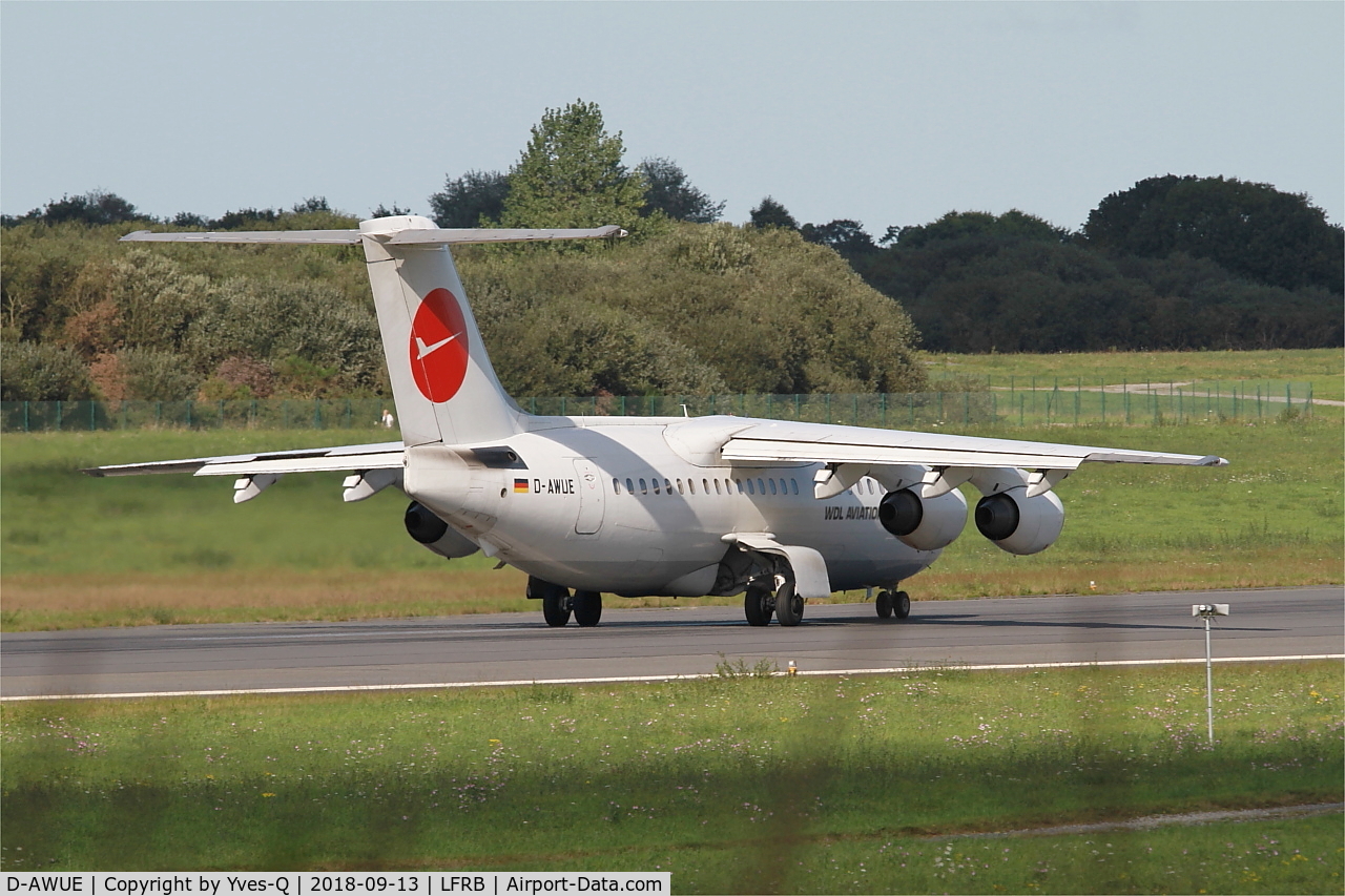 D-AWUE, 1986 British Aerospace BAe.146-200 C/N E2050, British Aerospace BAe.146-200, Take off run rwy 07R, Brest-Bretagne airport (LFRB-BES)