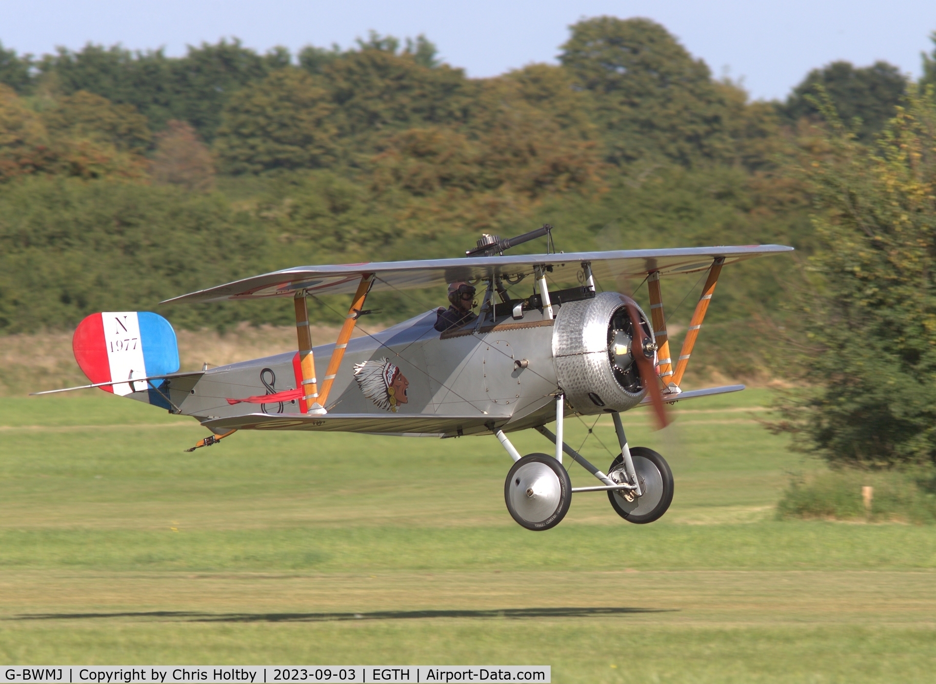 G-BWMJ, 1981 Nieuport 17 Scout Replica C/N PFA 121-12351, Nieuport Scout Replica returning to land at Old Warden during the Vintage Airshow 2023