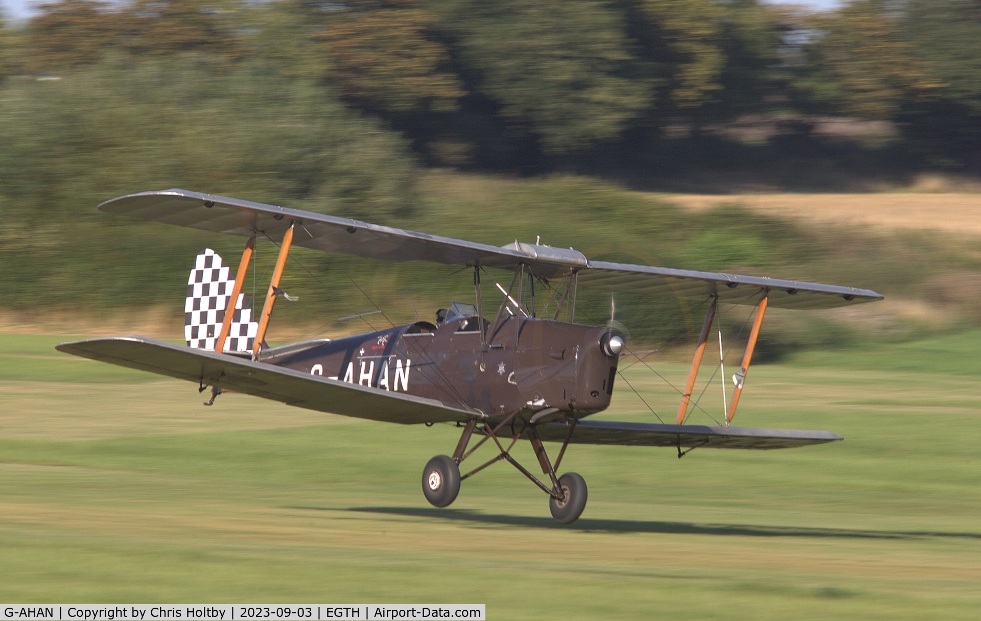 G-AHAN, 1944 De Havilland DH-82A Tiger Moth II C/N 86553, Bit of a bumpy landing at Old Warden during the Vintage Airshow 2023