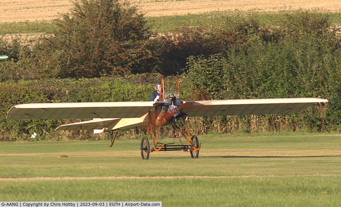 G-AANG, 1911 Bleriot Type XI C/N 14, Built & first flown in 1909 the oldest aircraft in the world still flying attempts to take off at Old Warden's Vintage Airshow in 2023.