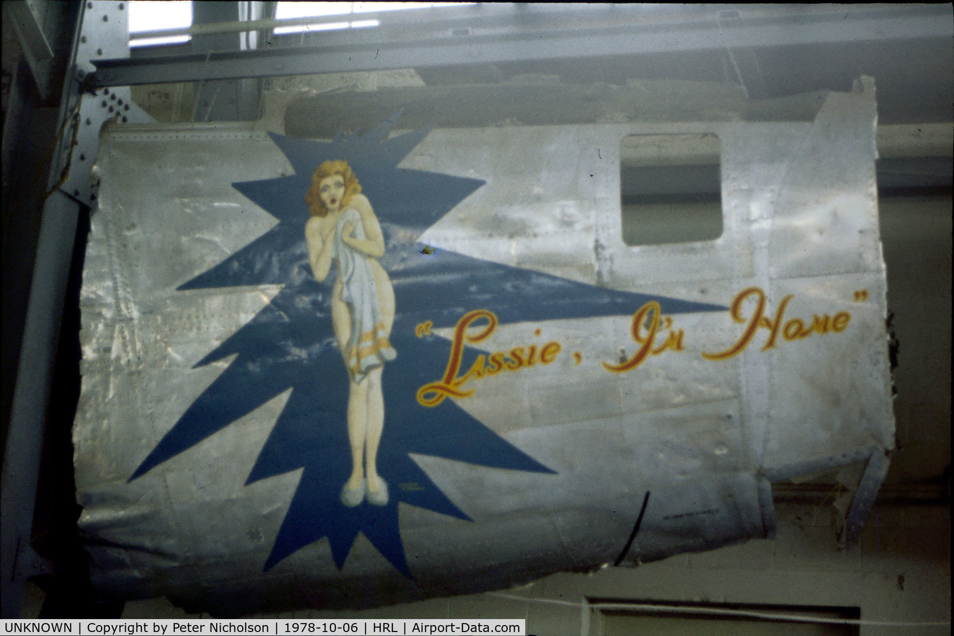 UNKNOWN, 1944 Consolidated B-24L Liberator C/N Not found 44-,  493rd Bomb Squadron, 7th Bomb Group, 10th Air Force nose-art panel on display with the then Confederate Air Force at Harlingen, Texas