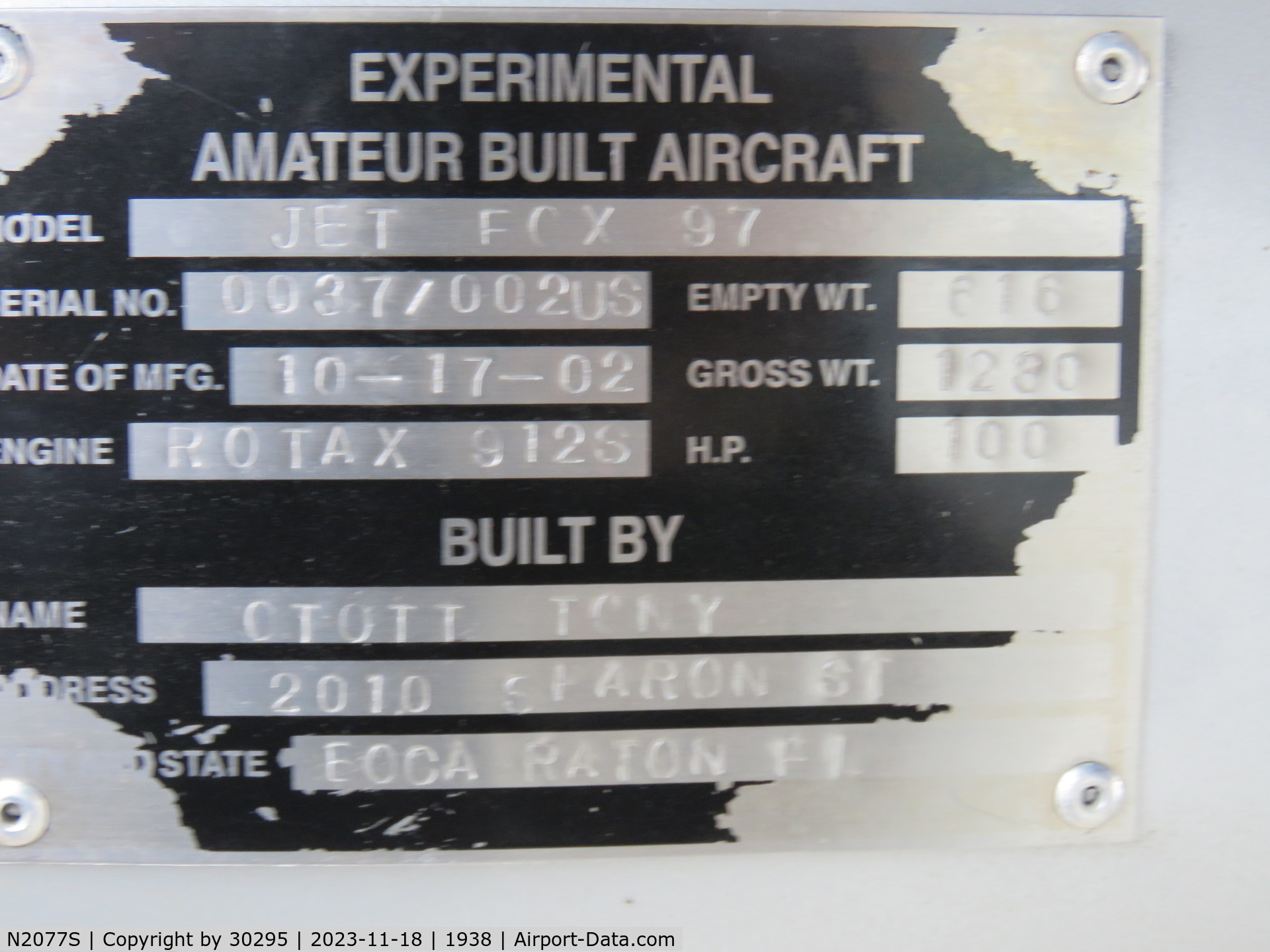 N2077S, 2002 Euro Ala Jet Fox JF.97 C/N 0037/002-US, ID plate