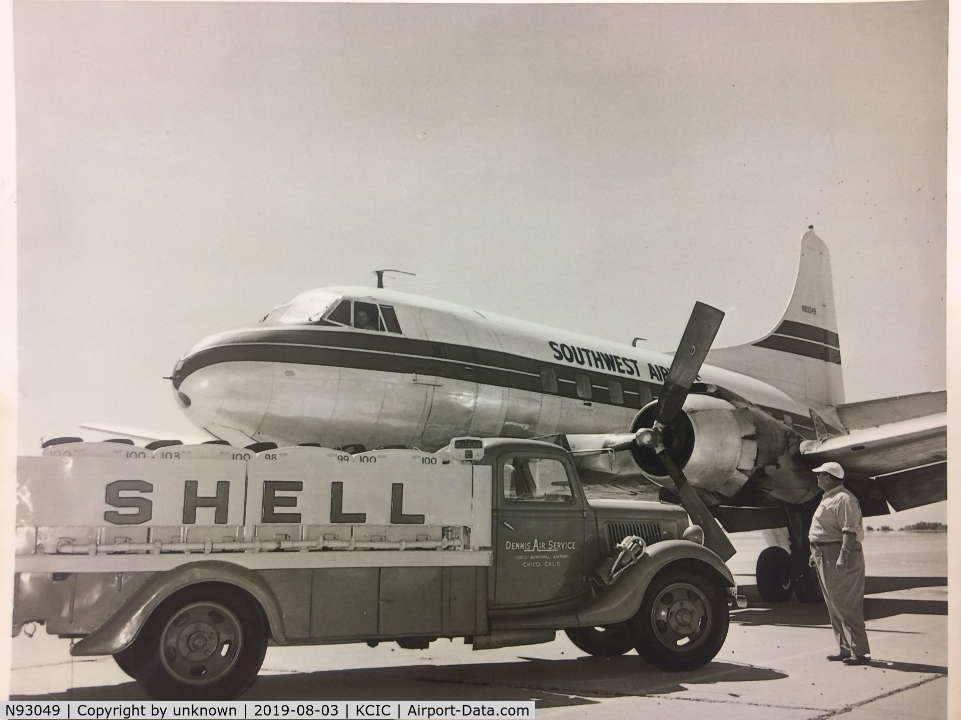 N93049, 1946 Martin 202 C/N 9132, Picture of N93049 in Chico California. Date unknown. Portly gentleman in picture is Herb Dennis, owner of Dennis Air service the FBO in Chico at the time. Picture courtesy of the Chico Air Museum.