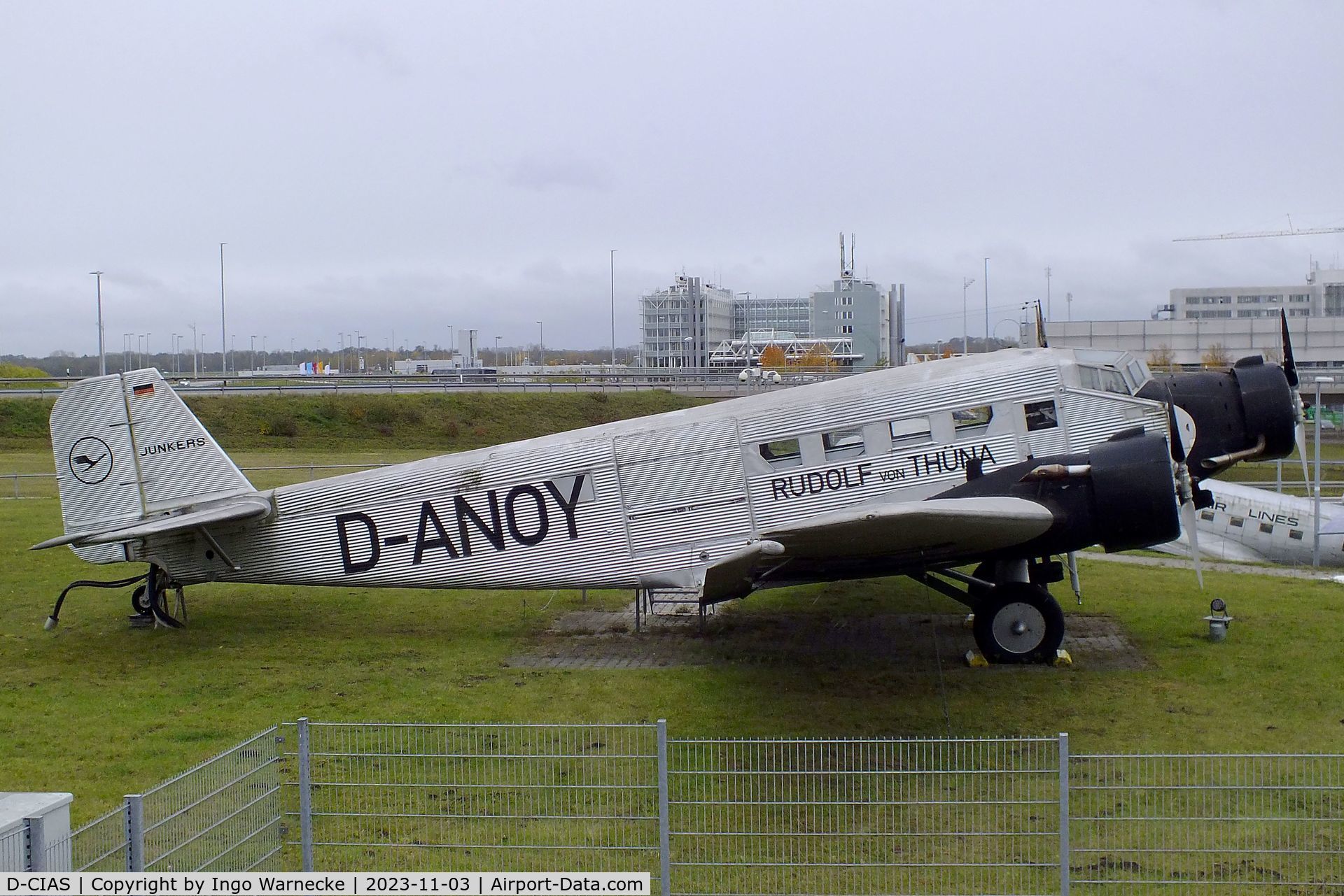 D-CIAS, Junkers (CASA) 352L (Ju-52) C/N 54, CASA 352L (Junkers Ju 52/3m), displayed to represent 'D-ANOY' a Junkers Ju 52/3m of Lufthansa that made the first flight from Berlin to China across the Pamir mountains in 1937, at the visitors park of Munich international airport (Besucherpark)