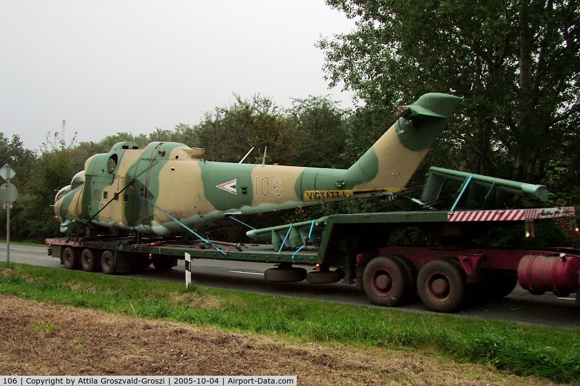 106, 1980 Mil Mi-24D Hind C/N K20106, During road transport, Hungary, Balatonfuzfo.
