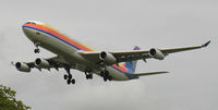 6Y-JMM @ LHR - Air Jamaica Airbus A340-300 (6Y-JMM) on the approach to London (Heathrow) Airport (UK) in June 2003