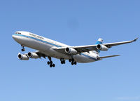 9K-AND @ LHR - Kuwait Airways Airbus A340-300 (9K-AND) landing at London (Heathrow) Airport in August 2004.