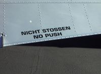 N844DD @ SZP - Pilatus P.3-05 Swiss Air Force Intermediate Trainer, Lycoming GO-435-C&D 260 Hp, warning on horizontal stabilizer - by Doug Robertson