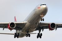 G-VBLU @ LAX - Virgin Atlantic Soul Sister G-VBLU (FLT VIR23) from London Heathrow (EGLL) on short-final to RWY 24R. - by Dean Heald