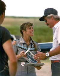 N134JC @ HRL - At CAF Airsho '83 - Julie Clark signing autographs by her aircraft - by Zane Adams