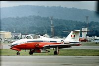 114083 @ RDG - Canadair CT-114 Tutor of Canadian Armed Forces Snowbirds aerobatic team which displayed at the 1976 Reading Air Show.  This was the spare aircraft (ie: No.10) although the rudder does not bear the number as does the other team aircraft. - by Peter Nicholson