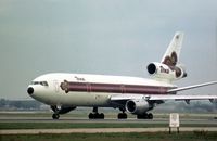 HS-TGA @ LHR - Thai Airways Intnl leased this DC-10 from UTA as seen at London Heathrow in the late Summer of 1976.  The same regn was later used for a Boeing 747. - by Peter Nicholson
