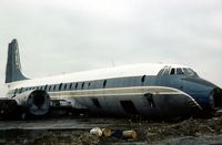 G-AOVJ @ STN - Britannia 312 of Caledonian Airways spent its final days in the CAA Fire Training Compound at Stansted and was seen there in January 1977. Its last flight was to Stansted on November 17, 1970. - by Peter Nicholson