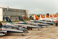 MM54484 @ EGVA - MB339A number 2 of the Frecce Tricolori display team on the flight-line at the 1987 Intnl Air Tattoo at RAF Fairford. - by Peter Nicholson