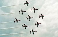 XX227 @ EGXG - British Aerospace Hawk T1A. The Red Arrows in Diamond Nine formation at the SSAFA Air Display RAF Church Fenton in 1993. - by Malcolm Clarke