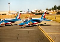 E37 @ EGVA - Lead Alpha Jet  of the French Air Force's Patrouille de France display team at the 1995 Intnl Air Tattoo at RAF Fairford. - by Peter Nicholson