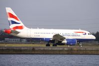 G-EUNB @ EGLC - British Airways Airbus 318 taxies out for the London City to New York BA0001 Flight - by Terry Fletcher